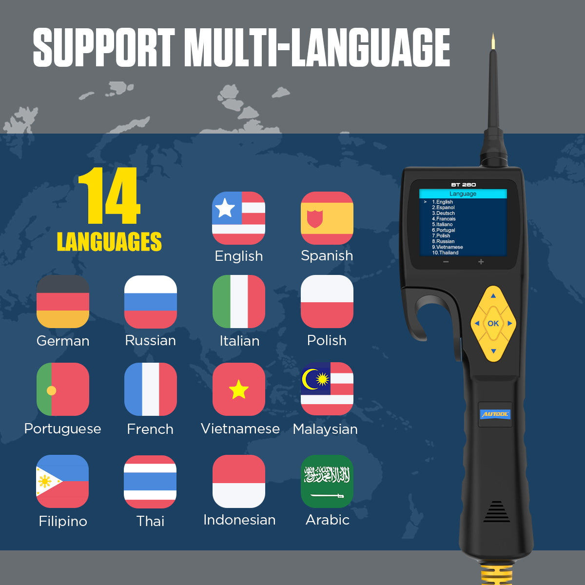 AUTOOL BT280 Elektromos Áramkör Teszter – Multiméter, Oszcilloszkóp és Injektor Teszt Egyben