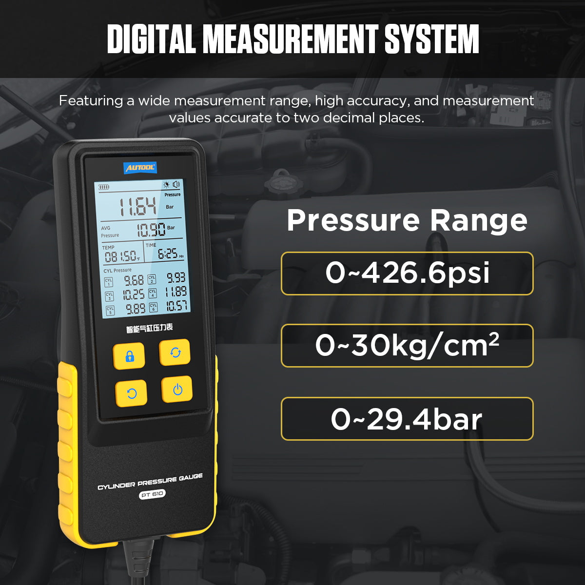AUTOOL PT610 hengerkompresszió-mérő | Digitális kijelző, 0–426.6 PSI