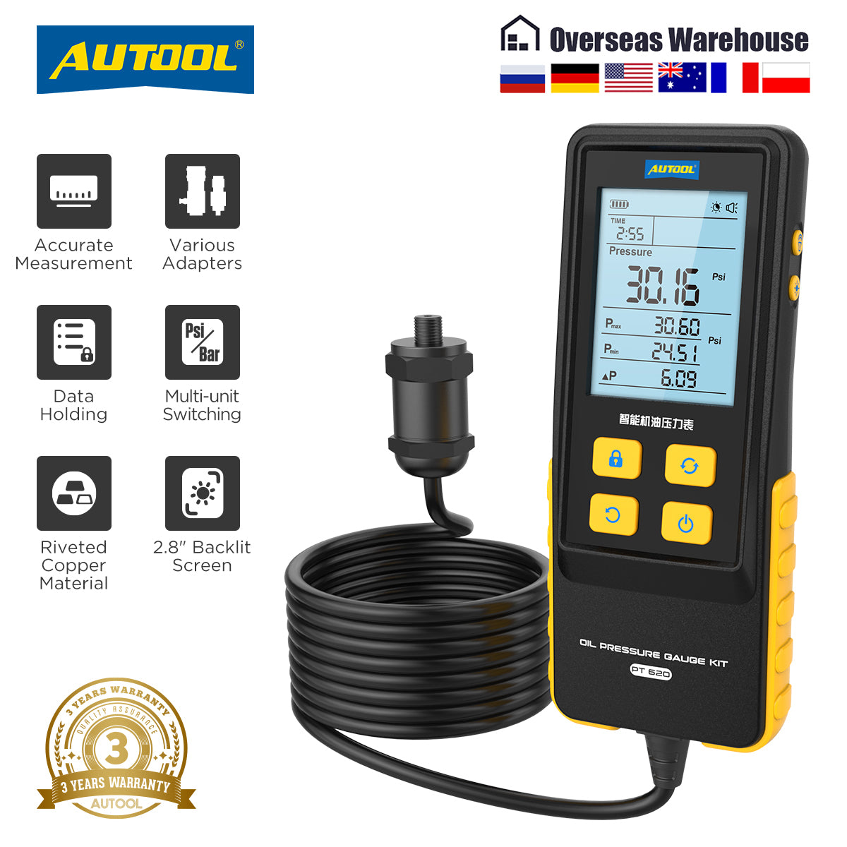 AUTOOL PT620 motorolaj-nyomásmérő | Digitális, 0–426.6 PSI