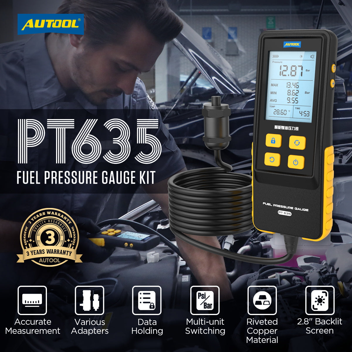 AUTOOL PT635 prémium üzemanyagnyomás-mérő | Hőmérséklet kijelzés, 0–426.6 PSI