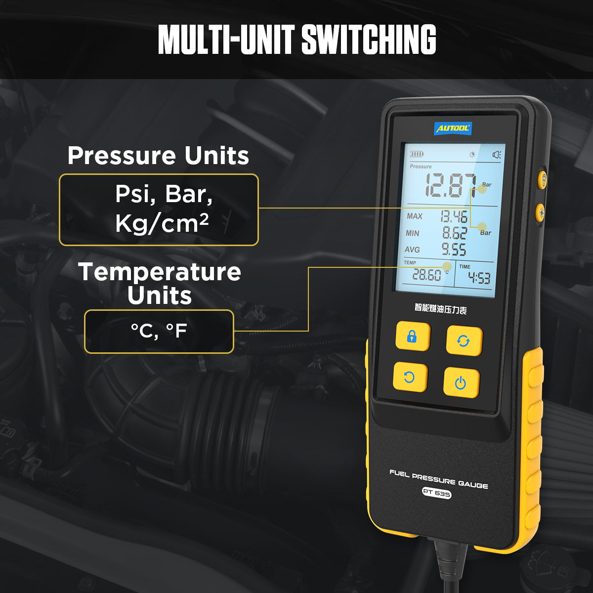 AUTOOL PT635 prémium üzemanyagnyomás-mérő | Hőmérséklet kijelzés, 0–426.6 PSI