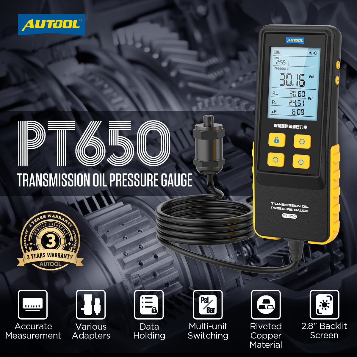 AUTOOL PT650 váltóolaj-nyomásmérő | ATF, digitális, 0–426.6 PSI