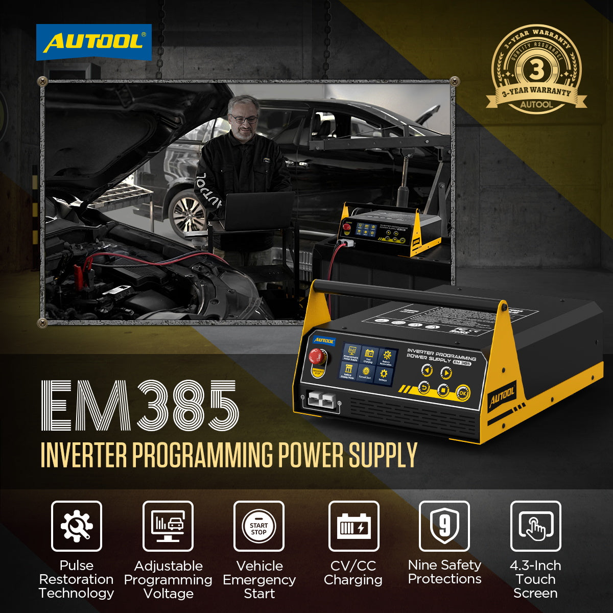 AUTOOL EM385 – Professzionális ECU 400A Programozó Tápegység, Gyors Töltő és Indító