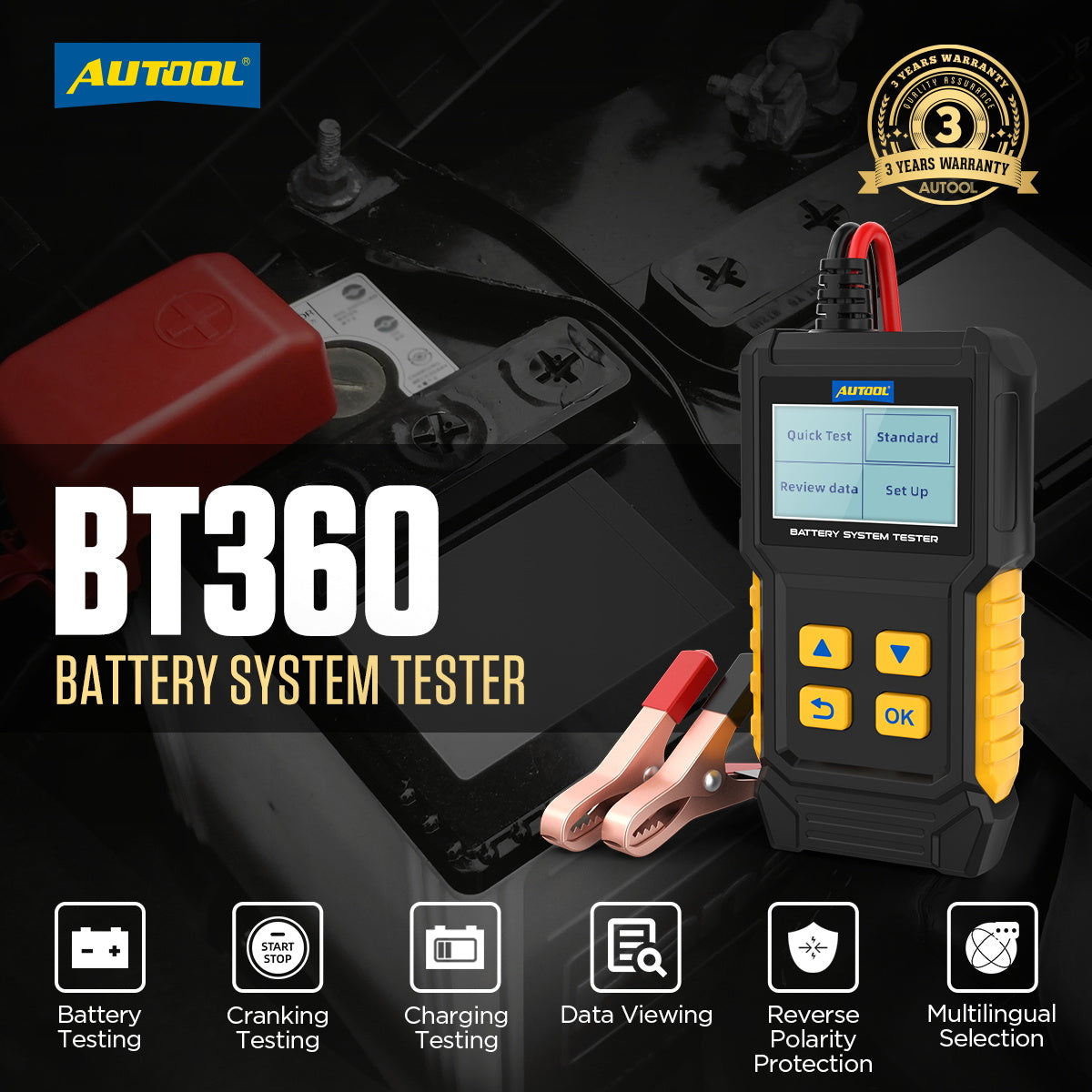 AUTOOL BT360 – 12V Autós Akkumulátor Teszter és Töltőrendszer Elemző