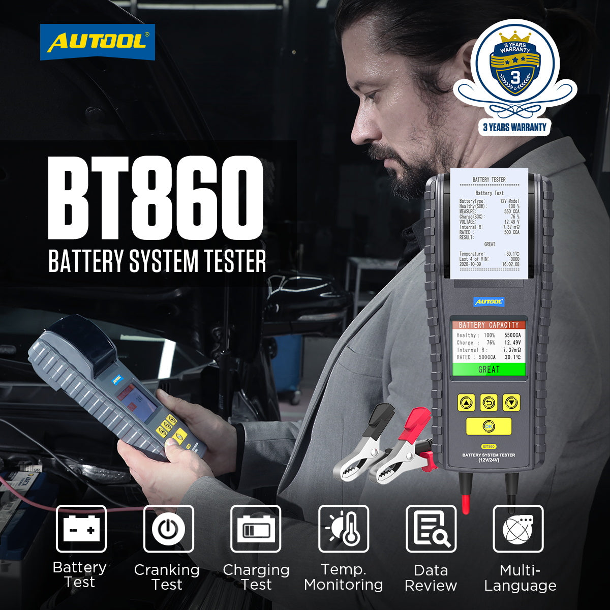 AUTOOL BT860 – 12V/24V Akkumulátor Teszter Hőmérséklet-figyeléssel és Nyomtatóval