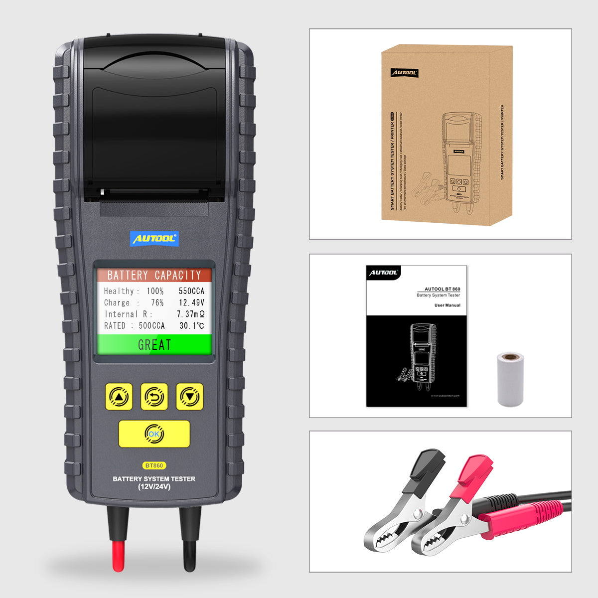 AUTOOL BT860 – 12V/24V Akkumulátor Teszter Hőmérséklet-figyeléssel és Nyomtatóval