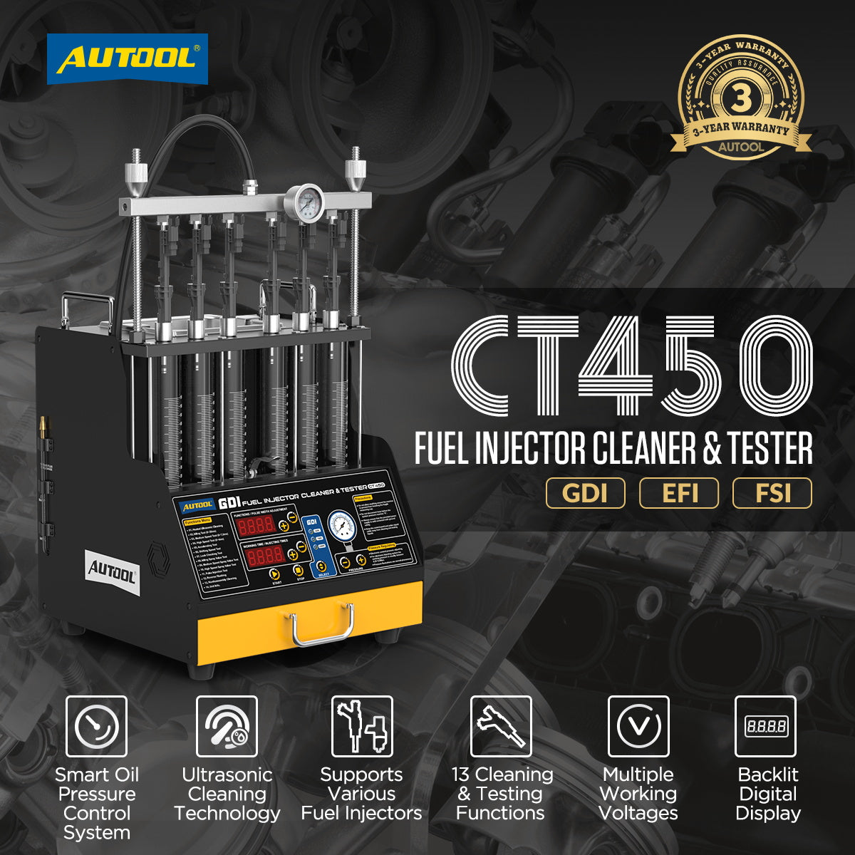 AUTOOL CT450 ultrahangos injektor tisztító és tesztelő – 6 hengeres GDI, EFI, FSI befecskendező gép