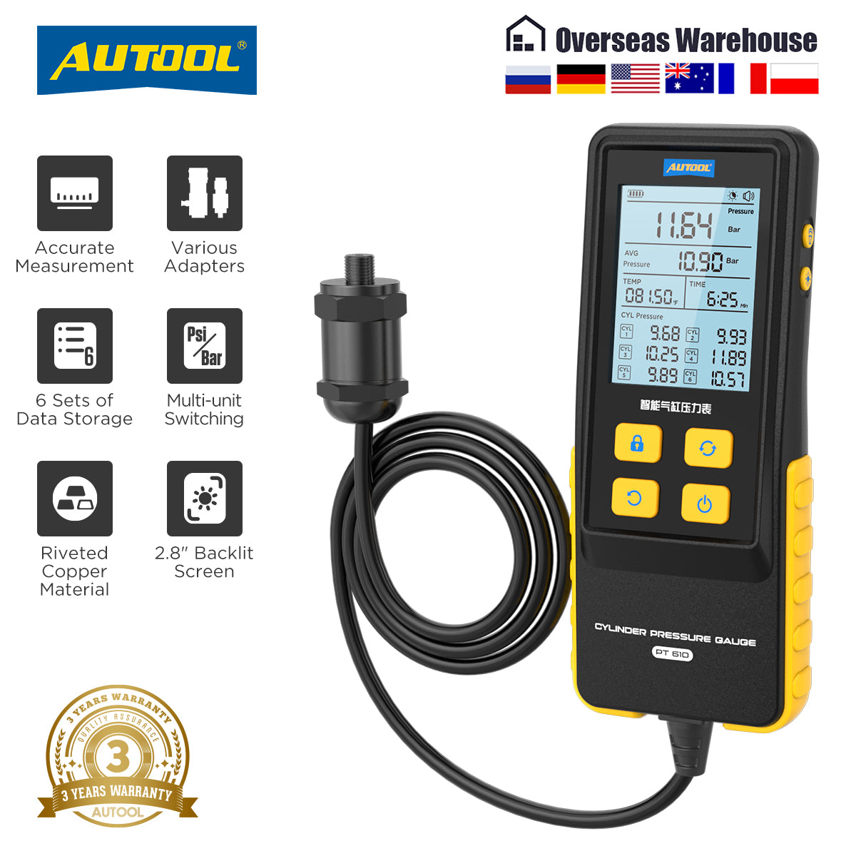 AUTOOL PT610 hengerkompresszió-mérő | Digitális kijelző, 0–426.6 PSI