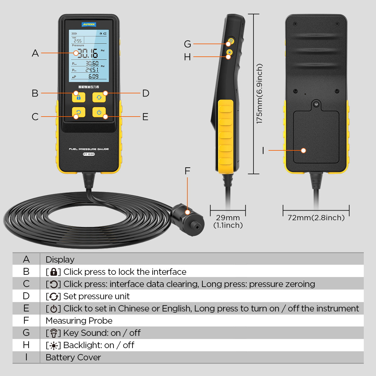 AUTOOL PT630 üzemanyagnyomás-mérő | Digitális, 0–426.6 PSI