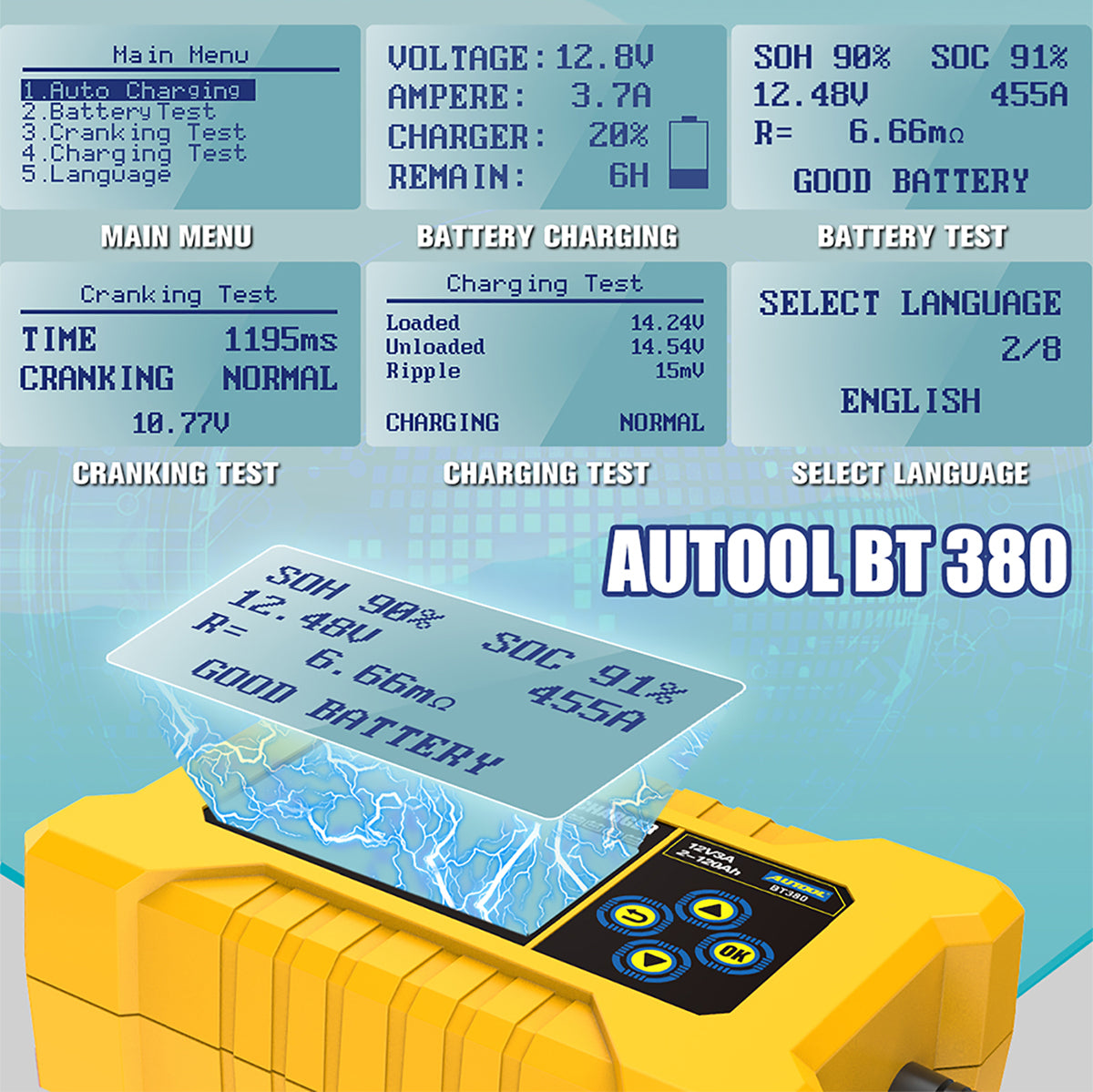 AUTOOL BT380 – 12V Autós Akkumulátor Teszter és Töltő Eszköz