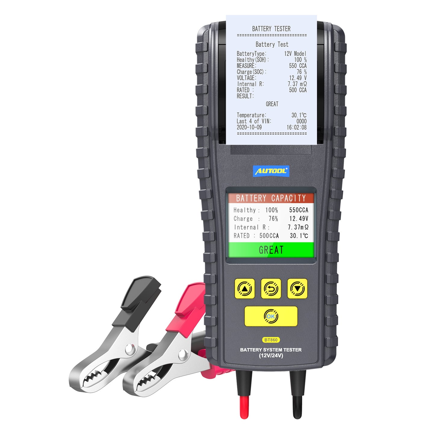 AUTOOL BT860 – 12V/24V Akkumulátor Teszter Hőmérséklet-figyeléssel és Nyomtatóval