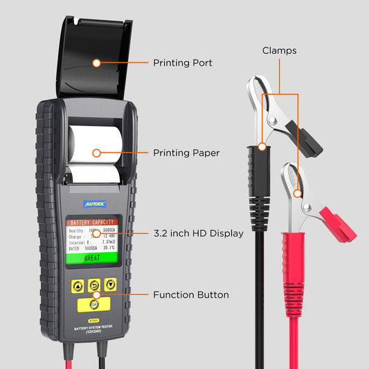 AUTOOL BT860 – 12V/24V Akkumulátor Teszter Hőmérséklet-figyeléssel és Nyomtatóval