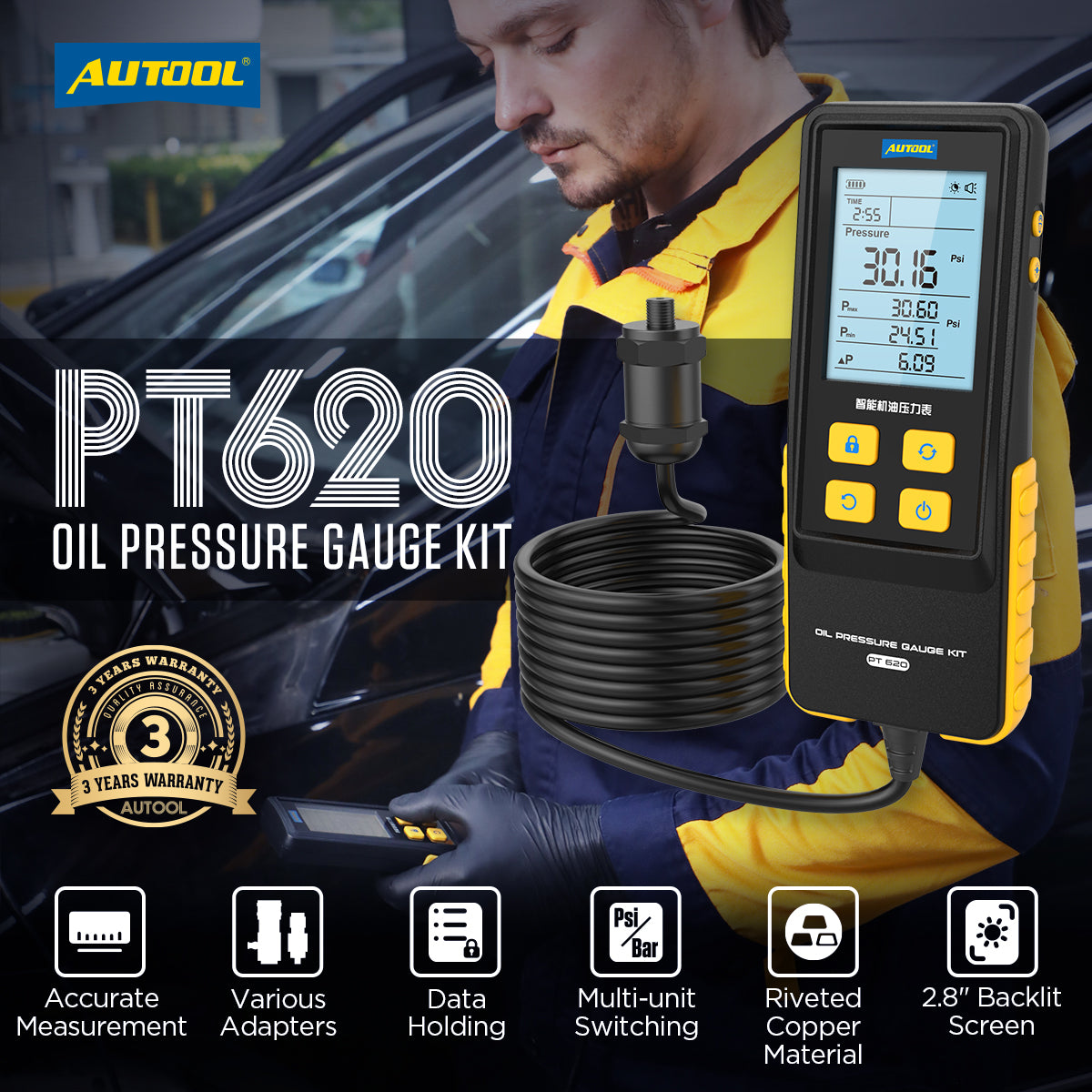 AUTOOL PT620 motorolaj-nyomásmérő | Digitális, 0–426.6 PSI