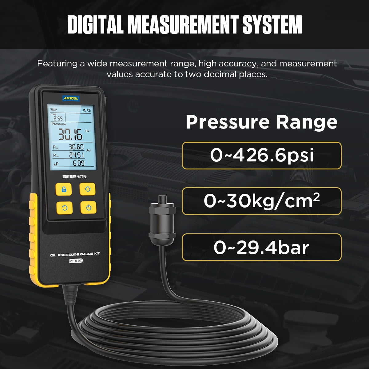 AUTOOL PT620 motorolaj-nyomásmérő | Digitális, 0–426.6 PSI