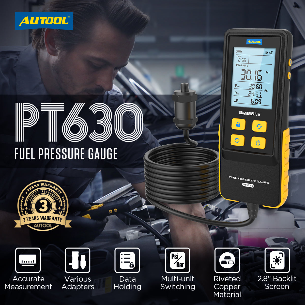 AUTOOL PT630 üzemanyagnyomás-mérő | Digitális, 0–426.6 PSI