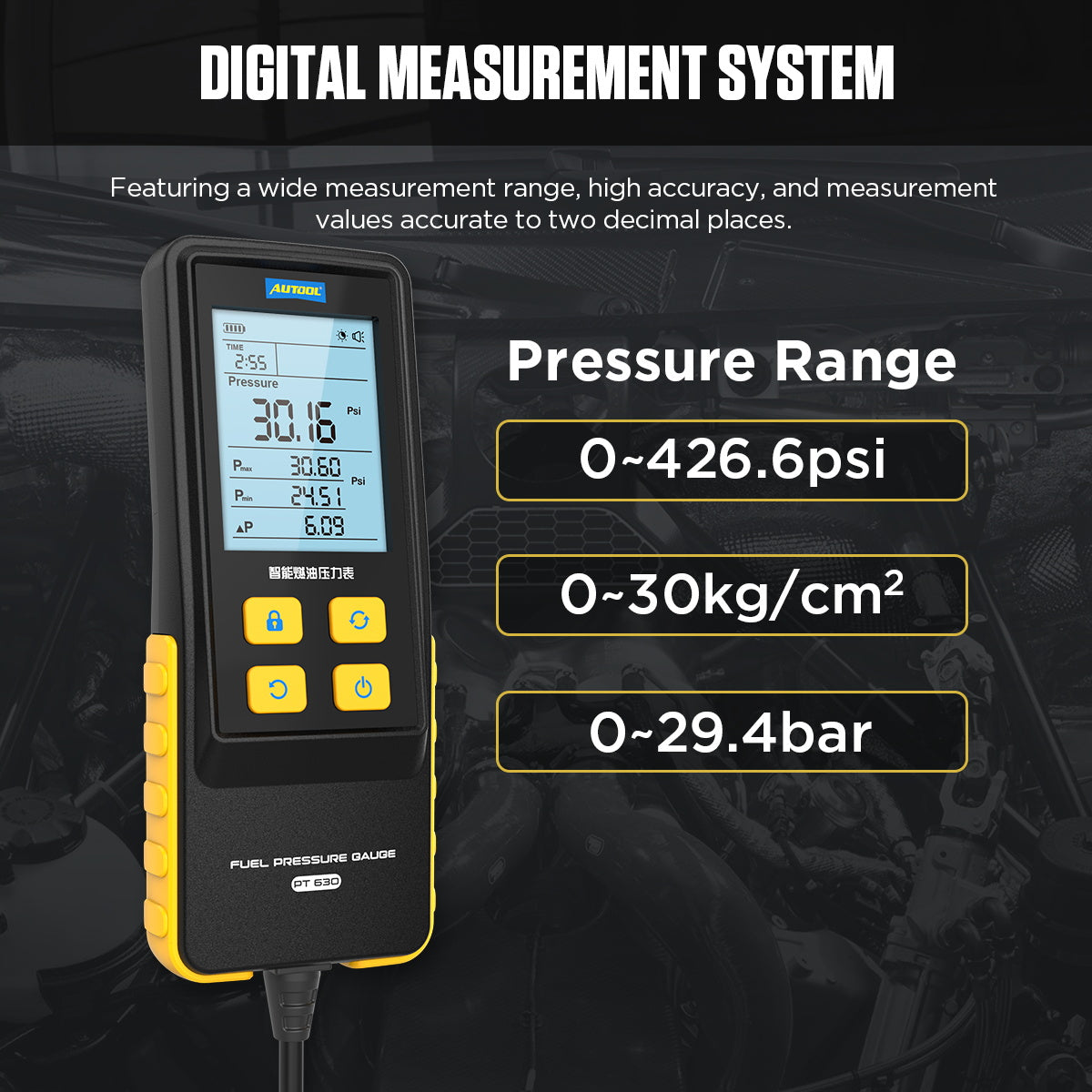 AUTOOL PT630 üzemanyagnyomás-mérő | Digitális, 0–426.6 PSI