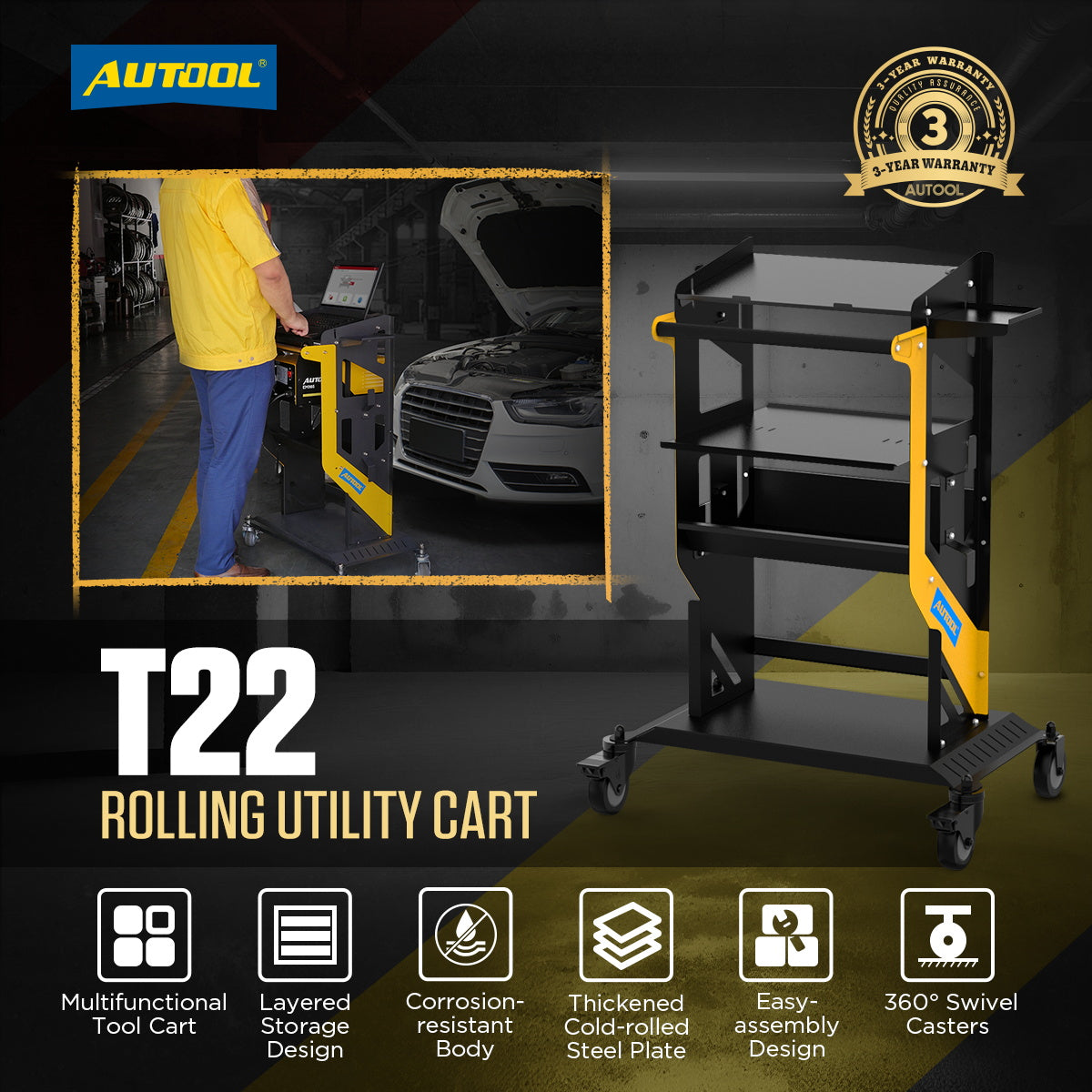 AUTOOL T22- 3X Tier Rolling Tool Cart – Professzionális 3 szintes szerelőszekrény, 300kg teherbírás