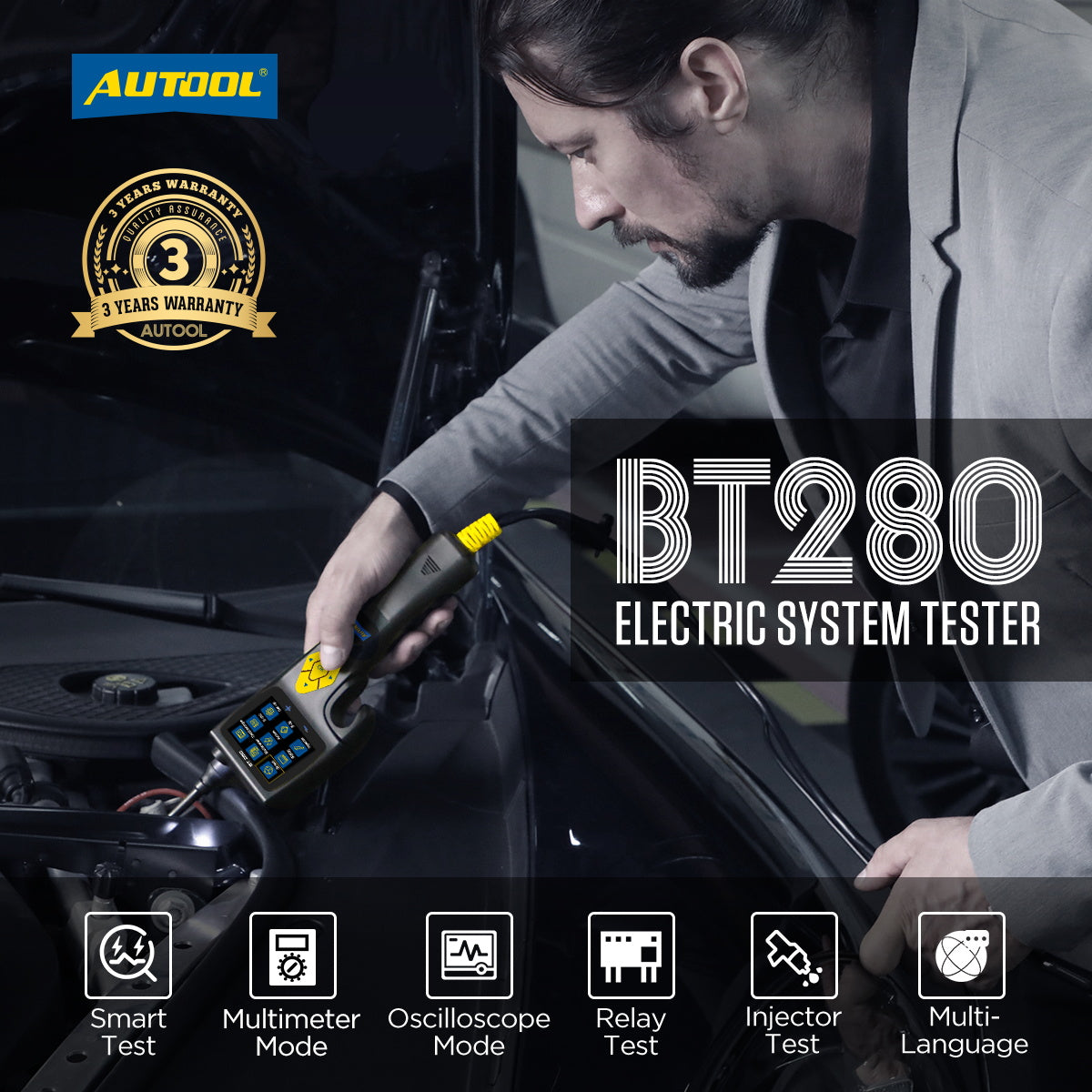 AUTOOL BT280 Elektromos Áramkör Teszter – Multiméter, Oszcilloszkóp és Injektor Teszt Egyben