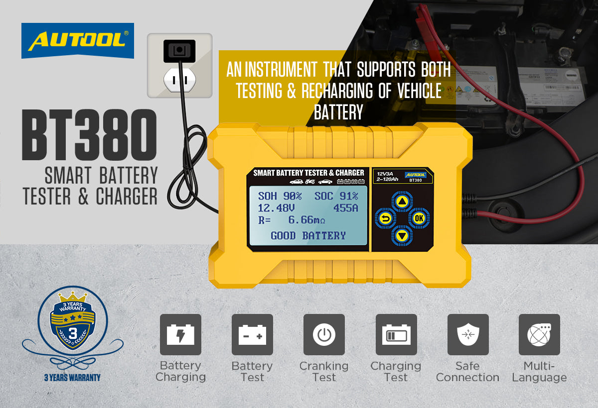 AUTOOL BT380 – 12V Autós Akkumulátor Teszter és Töltő Eszköz