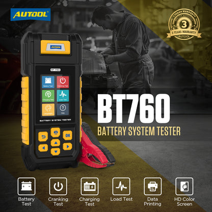 AUTOOL BT760 – 12V/24V Akkumulátor Terheléses Teszter Nyomtatóval és Színes Kijelzővel