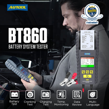 AUTOOL BT860 – 12V/24V Akkumulátor Teszter Hőmérséklet-figyeléssel és Nyomtatóval