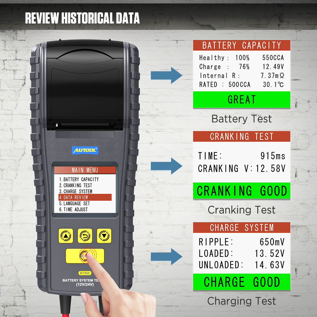 AUTOOL BT860 – 12V/24V Akkumulátor Teszter Hőmérséklet-figyeléssel és Nyomtatóval
