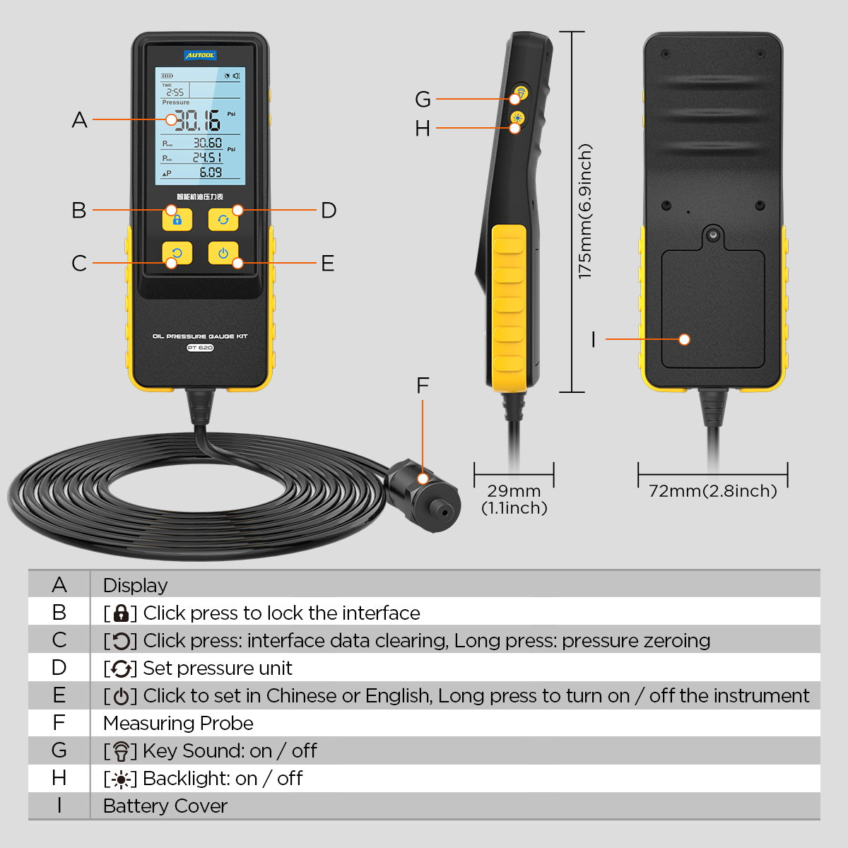 AUTOOL PT620 motorolaj-nyomásmérő | Digitális, 0–426.6 PSI