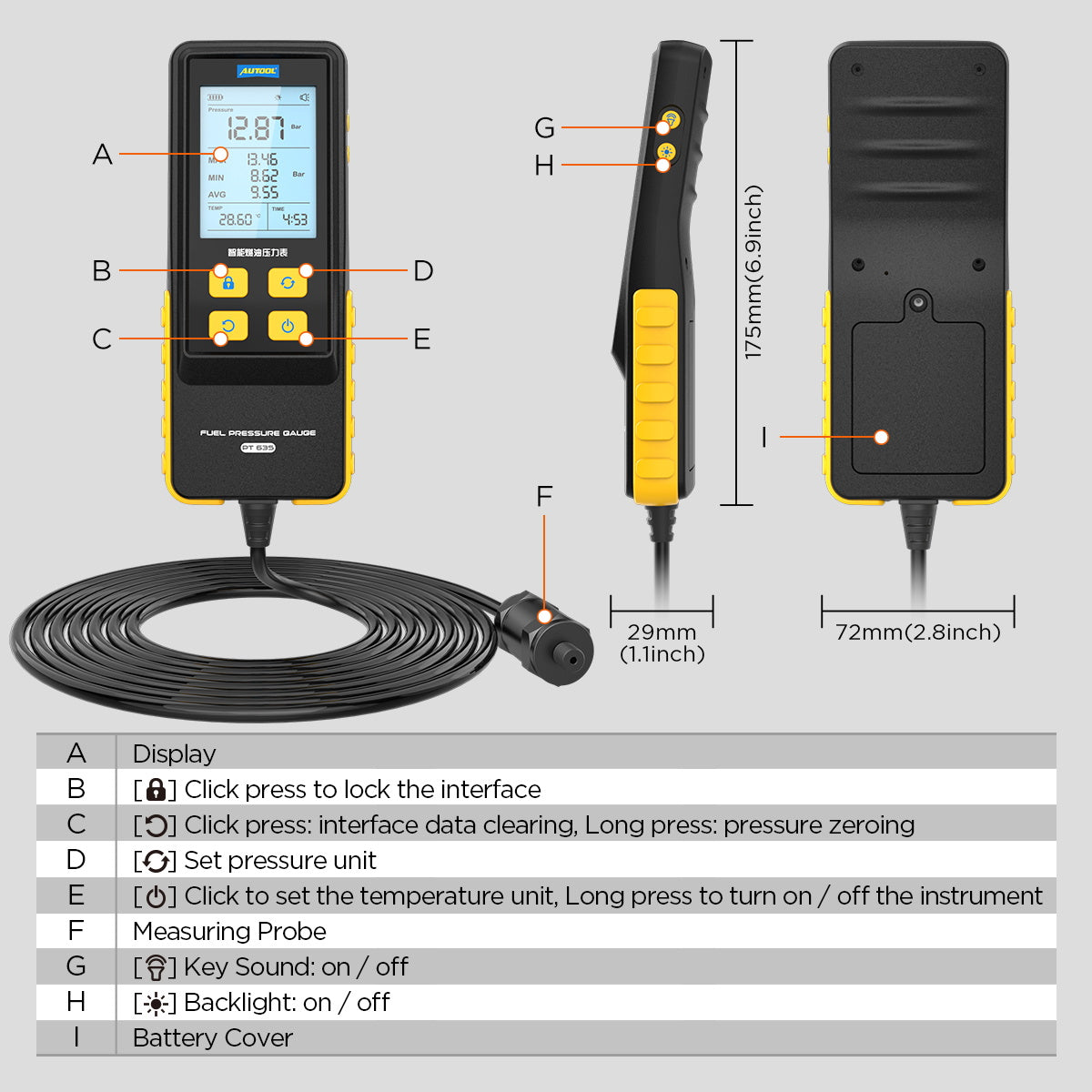 AUTOOL PT635 prémium üzemanyagnyomás-mérő | Hőmérséklet kijelzés, 0–426.6 PSI