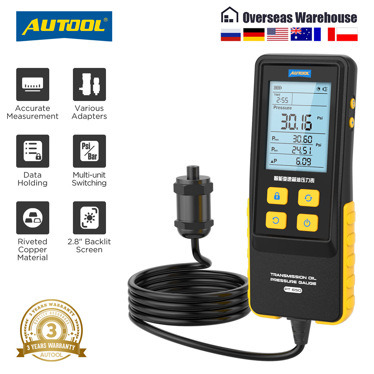 AUTOOL PT650 váltóolaj-nyomásmérő | ATF, digitális, 0–426.6 PSI